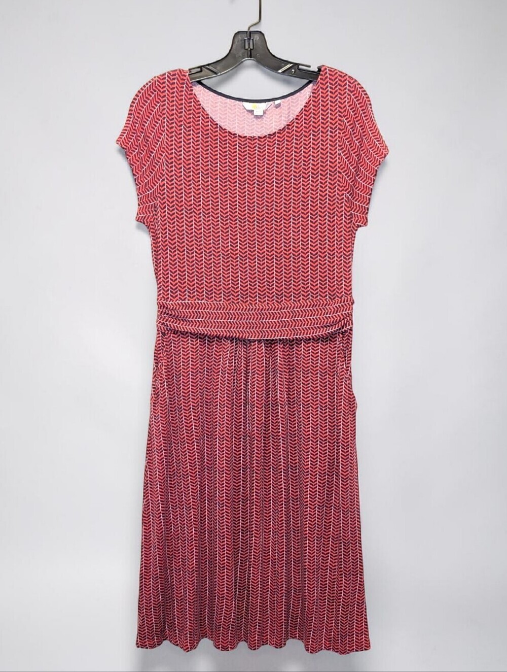 Boden Amelie Chevron Dress Navy Red Ruched Waist Pockets Stretchy UK 14R